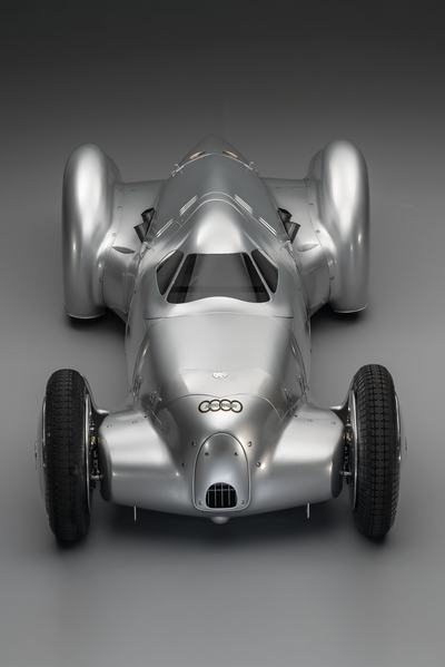Audi recreated the Auto Union Lucca. After just over three years of construction, the record-breaking car was completed in early 2026. Studio shot. Front view.