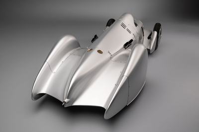 Audi recreated the Auto Union Lucca. After just over three years of construction, the record-breaking car was completed in early 2026. Studio shot. Rear view.