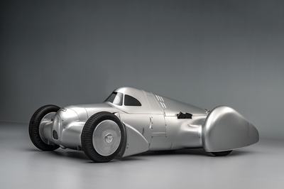 Audi recreated the Auto Union Lucca. After just over three years of construction, the record-breaking car was completed in early 2026. Studio shot. Side view.