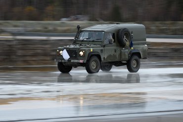 TRONDHEIM, NORWAY - OCTOBER 27: British Army soldiers drive a military Land Rover on a skid-pan facility during pre-exercise integration training on October 27, 2018 in Valer, Norway. Over 40,000 participants from 31 nations will take part in the NATO "Trident Juncture" exercise to test inter-operability between forces, and is the largest exercise of it's kind to be held in Norway since the 1980s. (Photo by Leon Neal/Getty Images)