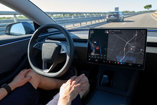 The editorial image shows the interior of the new Tesla Model 3 with Full Self-Driving activated. The photograph highlights the advanced autonomous driving system and the innovative design of Tesla's electric vehicles, representing the future of mobility and sustainable transport in Bari, Italy, on September 6, 2025. (Photo by Matteo Della Torre/NurPhoto via Getty Images)