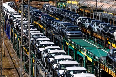 11 March 2026, Bavaria, Munich: Numerous car transport wagons with new vehicles from Volkswagen and Audi are standing on the tracks of a marshalling yard in Munich (Bavaria, Germany) on March 11, 2026. Volkswagen Aktiengesellschaft (VW AG, Volkswagen Group) is a car manufacturer from Germany and one of the world's leading automotive groups. (symbol image, symbol photo, illustration, symbolic photo, illustrative photo, theme image, general image, theme photo, export business, export) Photo: Matthias Balk/dpa (Photo by Matthias Balk/picture alliance via Getty Images)