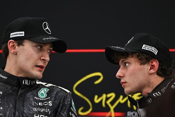 SUZUKA, JAPAN - MARCH 28: George Russell (left) and Kimi Antonelli of the Mercedes-AMG Petronas F1 Team speak during the FIA post-qualifying press conference following the qualifying session for the 2026 Japanese Grand Prix at Suzuka Circuit in Suzuka, Mie Prefecture, Japan, on March 28, 2026. (Photo by Artur Widak/NurPhoto via Getty Images)