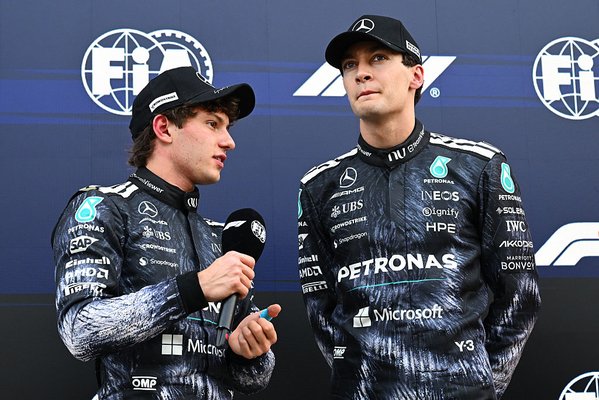 SUZUKA, JAPAN - MARCH 28: Pole position qualifier Andrea Kimi Antonelli of Italy and Mercedes AMG Petronas F1 Team and Second placed qualifier George Russell of Great Britain and Mercedes AMG Petronas F1 Team are interviewed in parc ferme during qualifying ahead of the F1 Grand Prix of Japan at Suzuka Circuit on March 28, 2026 in Suzuka, Japan. (Photo by Mark Sutton - Formula 1/Formula 1 via Getty Images)