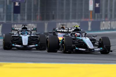 MIAMI, FLORIDA - MAY 02: Andrea Kimi Antonelli of Italy driving the (12) Mercedes AMG Petronas F1 Team W17 leads George Russell of Great Britain driving the (63) Mercedes AMG Petronas F1 Team W17 on track during the Sprint ahead of the F1 Grand Prix of Miami at Miami International Autodrome on May 02, 2026 in Miami, Florida. (Photo by Dom Gibbons - Formula 1/Formula 1 via Getty Images)