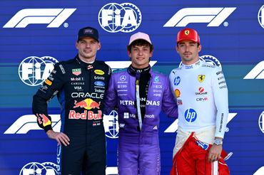 MIAMI, FLORIDA - MAY 02: Pole position qualifier Andrea Kimi Antonelli of Italy and Mercedes AMG Petronas F1 Team Second placed qualifier Max Verstappen of the Netherlands and Oracle Red Bull Racing and Third placed qualifier Charles Leclerc of Monaco and Scuderia Ferrari look on during qualifying ahead of the F1 Grand Prix of Miami at Miami International Autodrome on May 02, 2026 in Miami, Florida. (Photo by Mark Sutton - Formula 1/Formula 1 via Getty Images)