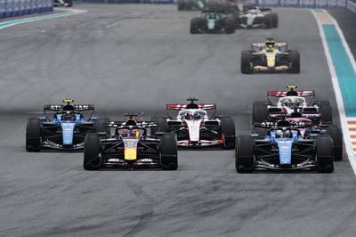 MIAMI, FLORIDA - MAY 03: Max Verstappen of the Netherlands driving the (3) Oracle Red Bull Racing RB22 Red Bull Ford and Alexander Albon of Thailand driving the (23) Williams FW48 Mercedes battle for track position during the F1 Grand Prix of Miami at Miami International Autodrome on May 03, 2026 in Miami, Florida. (Photo by Mark Thompson/Getty Images)