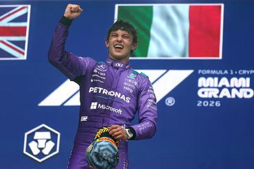 MIAMI, FLORIDA - MAY 03: Race winner Andrea Kimi Antonelli of Italy and Mercedes AMG Petronas F1 Team celebrates on the podium during the F1 Grand Prix of Miami at Miami International Autodrome on May 03, 2026 in Miami, Florida. (Photo by Peter Fox/Getty Images)