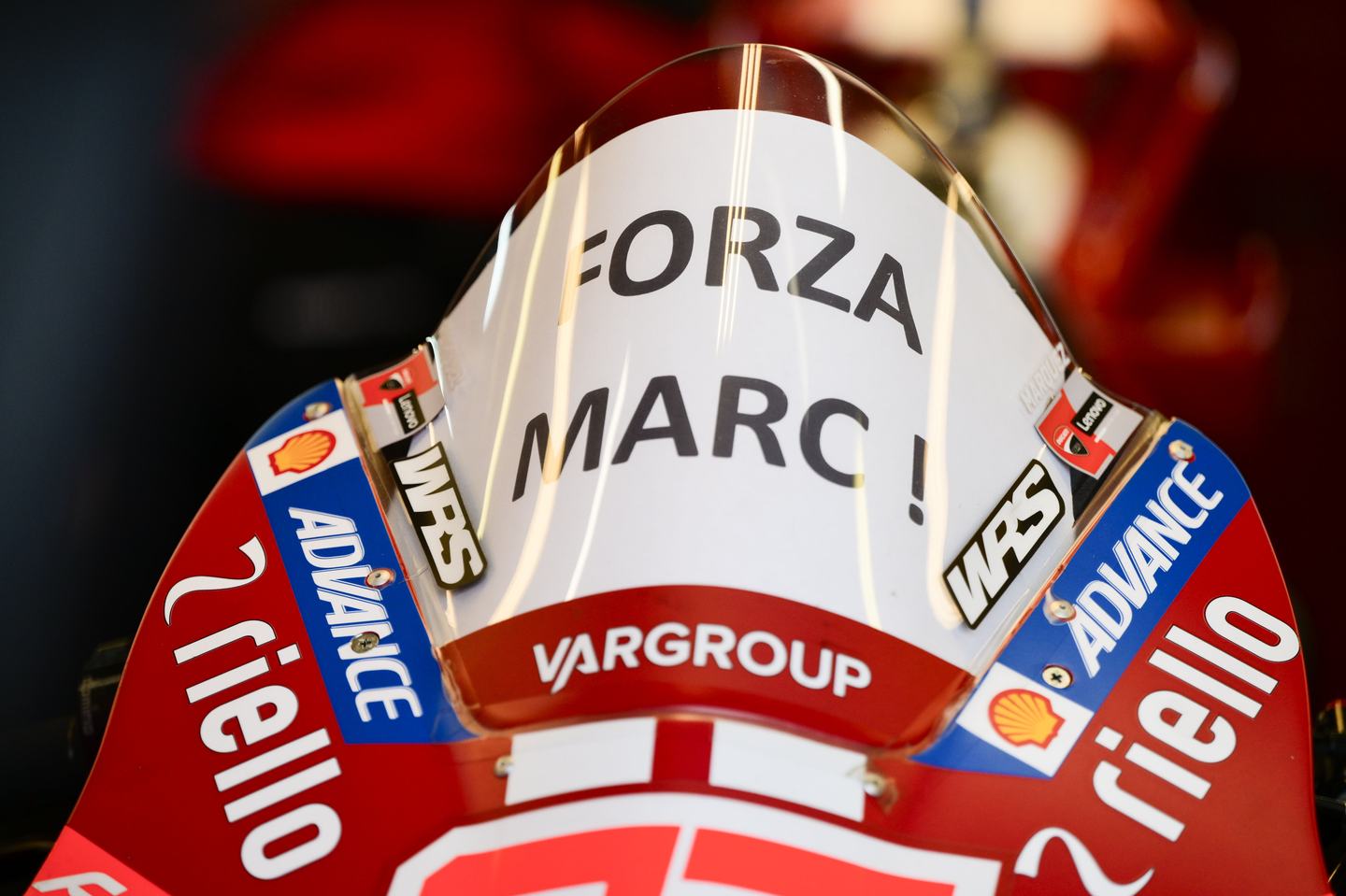 LE MANS, FRANCE - MAY 10: Marc Marquez Lenovo Ducati in the garage after being withdrawn from the Grand Prix due to injury during the MotoGP of France at Circuit Bugatti on May 10, 2026 in Le Mans, France. (Photo by Gold & Goose Photography/Getty Images)