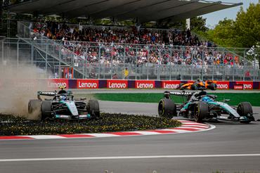 George Russell of the United Kingdom drives the (63) Mercedes-AMG Petronas F1 Team W17 E Performance Mercedes and Andrea Kimi Antonelli of Italy drives the (12) Mercedes-AMG Petronas F1 Team W17 E Performance Mercedes during the Formula 1 Lenovo Grand Prix Du Canada in Montreal, Canada, on May 23, 2026. (Photo by Stefano Facchin/Alessio Morgese/NurPhoto via Getty Images)