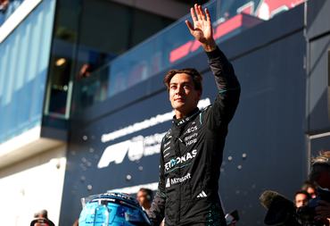 MONTREAL, QUEBEC - MAY 22: Sprint Pole qualifier George Russell of Great Britain and Mercedes AMG Petronas F1 Team celebrates in parc ferme during Sprint Qualifying ahead of the F1 Grand Prix of Canada at Circuit Gilles-Villeneuve on May 22, 2026 in Montreal, Quebec. (Photo by Bryn Lennon - Formula 1/Formula 1 via Getty Images)