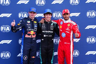 Pole sitter Mercedes driver Andrea Kimi Antonelli (centre) alongside Red Bull driver Max Verstappen and Ferrari driver Lewis Hamilton following qualifying for the Monaco Grand Prix, at the Circuit de Monaco, Monte Carlo. Picture date: Saturday June 6, 2026. (Photo by David Davies/PA Images via Getty Images)