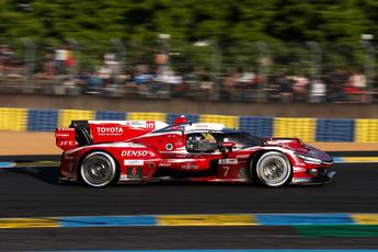 LE MANS, FRANCE - JUNE 13: The #07 Toyota Racing, Toyota TR010 Hybrid of Mike Conway, Kamui Kobayashi, and Nyck de Vries in action during the Le Mans 24 Hours at the Circuit de la Sarthe on June 13, 2026 in Le Mans, France. (Photo by James Moy Photography/Getty Images)