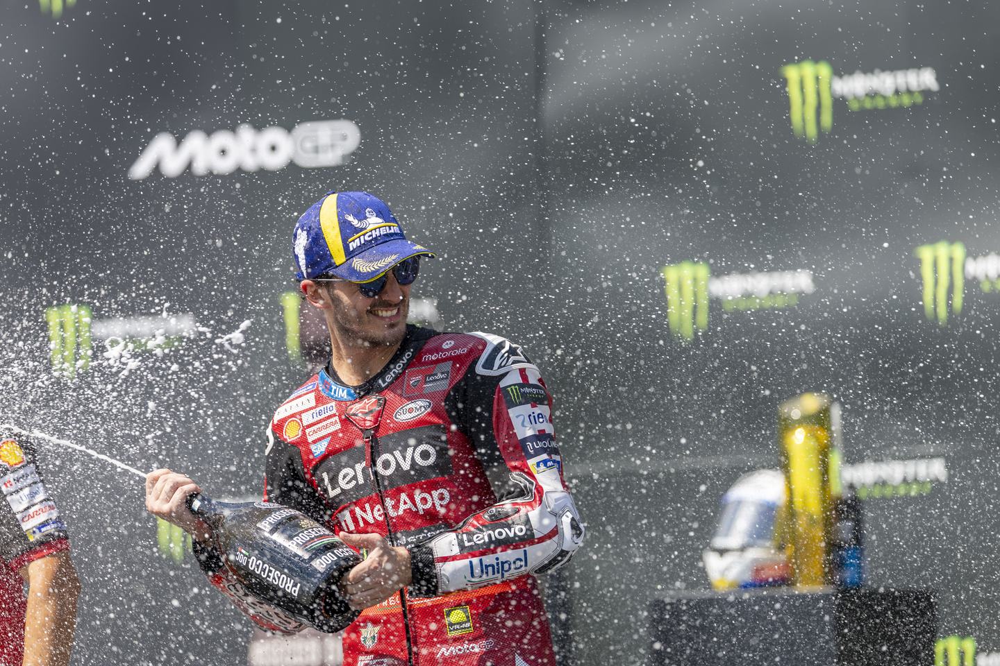 Number 63 Ducati Lenovo Team rider Francesco Bagnaia celebrates finishing third in the race at the 2026 MotoGP Grand Prix of Czechia. (Photo by Stephen Blackberry/NurPhoto via Getty Images)
