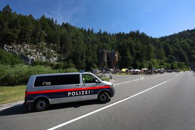 27 June 2026, Austria, Reutte: A police car is parked on the closed B179 Fernpass Road during a rally. Photo: Karl-Josef Hildenbrand/dpa (Photo by Karl-Josef Hildenbrand/picture alliance via Getty Images)