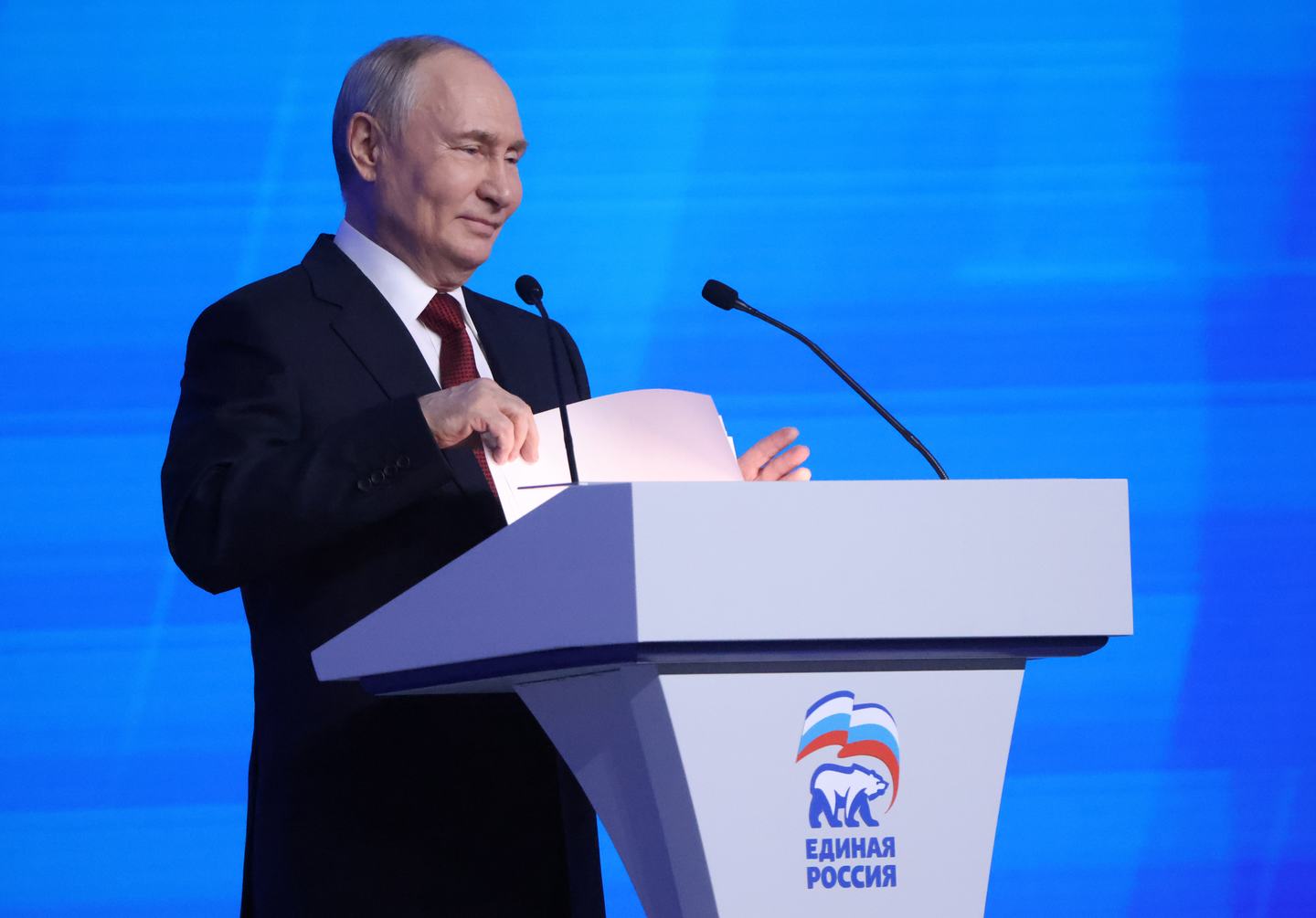 MOSCOW, RUSSIA - JUNE 28: Russian President Vladimir Putin takes his papers during the 23th Congress of the United Russia Party, on June 28, 2026 in Moscow, Russia. Legislative elections are scheduled be held in Russia in 1820 September 2026. At stake are 450 seats in the State Duma of the 9th convocation, the lower house of the Federal Assembly. Going into the election, United Russia is the ruling party after winning the 2021 election with 49.8% of the vote, taking 324 seats. (Photo by Contributor/Getty Images)