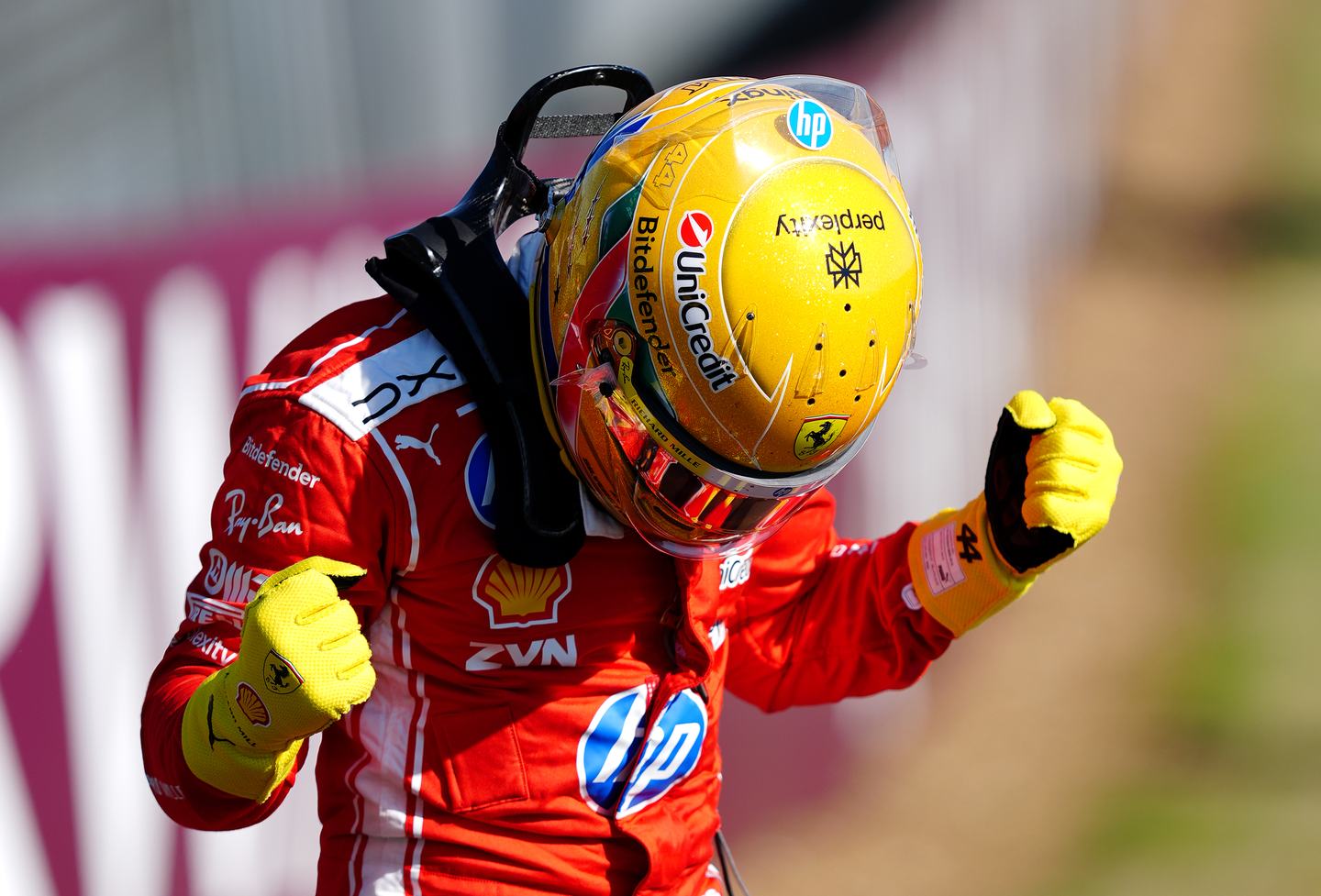 Ferrari's Lewis Hamilton celebrates taking pole position after sprint qualifying ahead of the British Grand Prix at Silverstone Circuit, Towcester. Picture date: Friday July 3, 2026. (Photo by David Davies/PA Images via Getty Images)