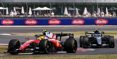 Ferrari's Lewis Hamilton leads ahead of Mercedes' Andrea Kimi Antonelli during the sprint race at Silverstone Circuit, Towcester. Picture date: Saturday July 4, 2026. (Photo by Jacob King/PA Images via Getty Images)