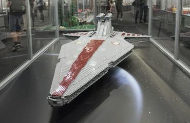KRAKOW, POLAND - JULY 14: The Venator, Star Wars Destroyer made of Lego bricks is displayed during the World's biggest LEGO brick show at Galeria Kazimierz, Krakow, Poland on July 14, 2016.The LEGO exhibition has a surface of 1700 square meters and can be found attractions as the AIR FORCE ONE World's biggest LEGO airplane, Star Wars ships, ROBERT WADLOW the world's tallest man build with LEGO bricks, the Berlin's wall demolition and many others.  (Photo by Omar Marques/Anadolu Agency/Getty Images)